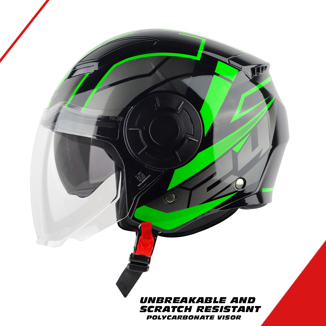 Steelbird SBH-31 Baron 24 ISI Certified Open Face Helmet For Men And Women With Inner Sun Shield(Dual Visor Mechanism) (Glossy Black Green)